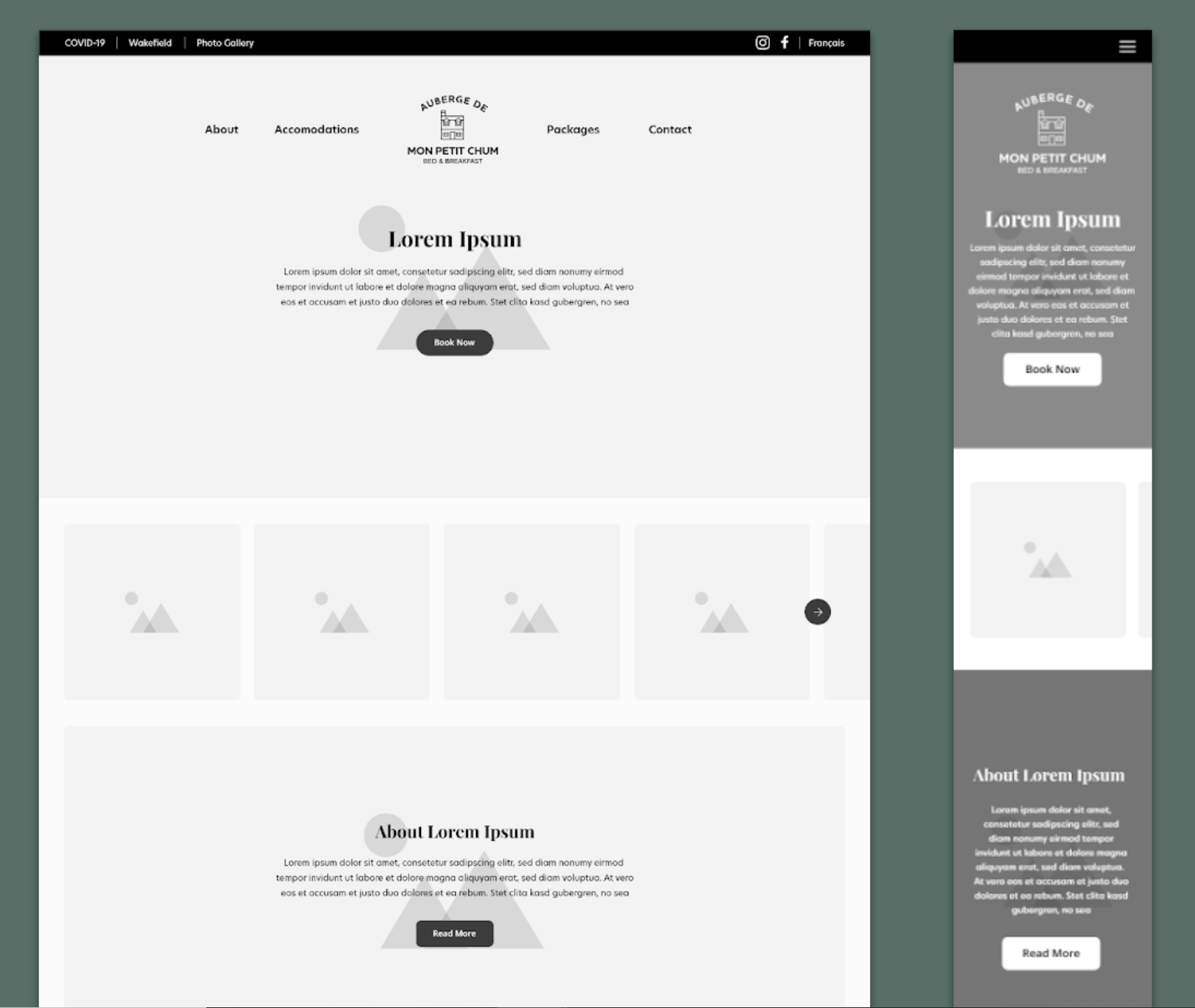 Wireframes of the homepage of the website.